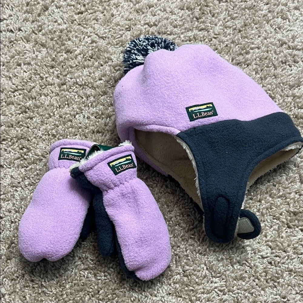 L.L. Bean Kids' Lavender and Grey Fleece Trapper Hat with Mittens Sz 2T-4T